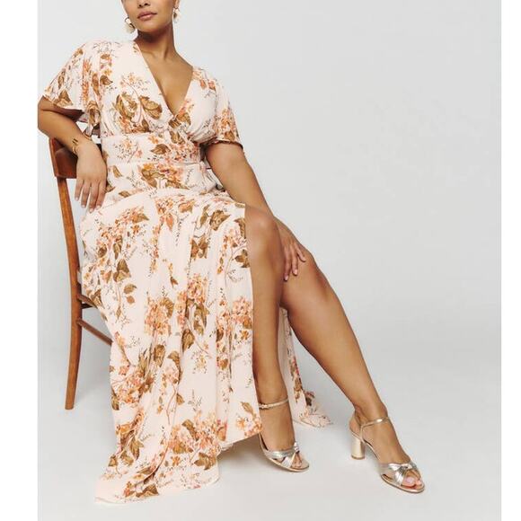 Reformation Shayla Bella Cream Floral Print V-Neck Dress 6 NEW Short Sleeve Maxi - Picture 8 of 8